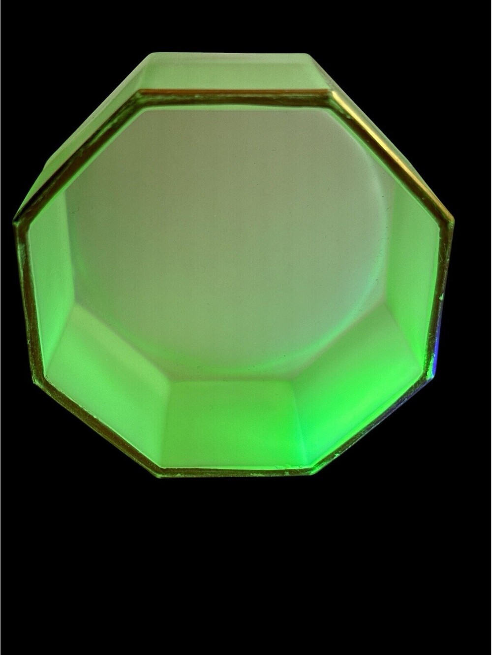 Uranium Vaseline Glass Octagon Trinket Dish Gold Trim 3.5" UV Glow Vintage